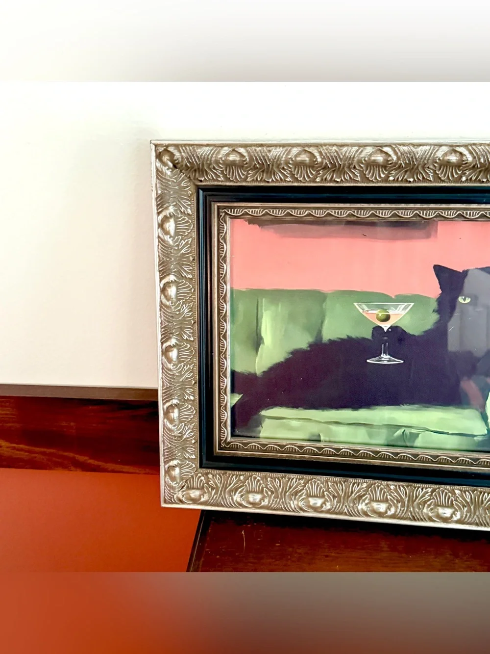 Black Cat Martini Olive Canvas Art Print Green Couch Baroque Ornate Framed Art
